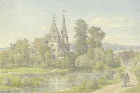 Village by a body of water, surrounded by trees, in the middle a castle-like building and..., 1870. Creator: Peter Becker.