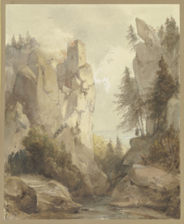 A burning castle on a rock, mid-late 19th century. Creator: Caspar Scheuren.