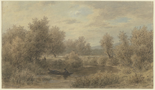 A boat with a ferryman stops at the bank (scene on the Nied River), mid-late 19th century. Creator: Jakob Maurer.