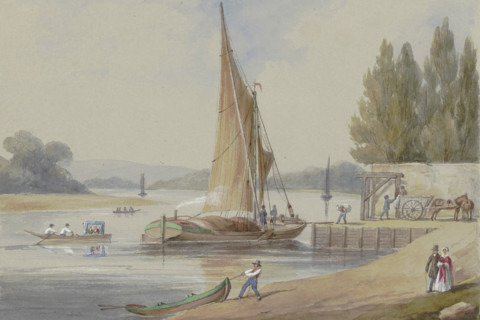 Riverbank with sailing ships, 19th century. Creator: Unknown.