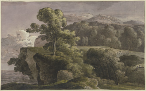 River landscape with trees and figures, late 18th century. Creator: Franz Kobell.