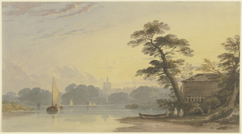 River landscape with a church in the background, 19th century. Creator: Unknown.