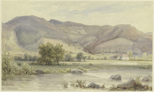 River landscape with high mountains, mid-late 19th century. Creator: Karl Peter Burnitz.