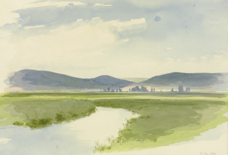 River landscape, mountains in the background, 1860. Creator: Carl Theodor Reiffenstein.