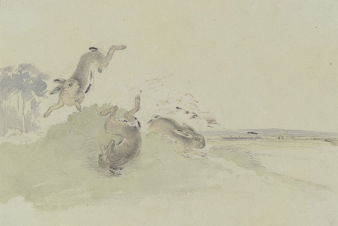 Three hares startled by the railway, mid-19th century. Creator: Friedrich Wilhelm Keyl.