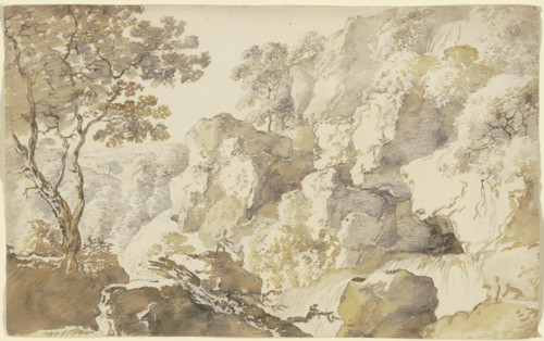Rocky landscape with trees, a waterfall, and two hikers..., late 18th century. Creator: Franz Kobell.