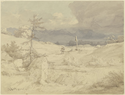 Approaching storm over a landscape with a wayside cross, 1836. Creator: Eduard Wilhelm Pose.