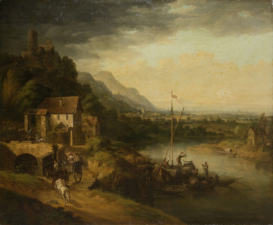 River Landscape with Barge, 18th century. Creator: Circle of Christian Georg Schutz the Elder.