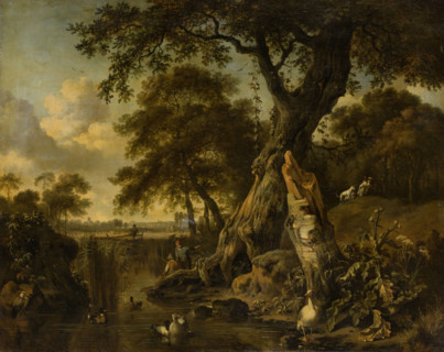 River Landscape with Fisherman and Hunter, 1671. Creator: Jan Wijnants.