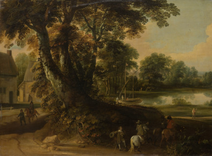 Landscape with a Group of Trees at the Shore of a Lake, Three Riders on the Road..., c1664-1670. Creator: Jacques d'Arthois.