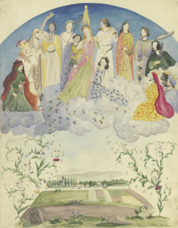 Flora scattering and spilling flowers across a landscape, surrounded by Dionysian..., 1844. Creator: Victor Muller.