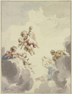 Cupids with a thyrsus and Bacchantes in clouds, 1740. Creator: Jacob de Wit.