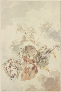 Genii and cupids grouped around a basket of flowers ascending towards heaven, 1725. Creator: Jacob de Wit.