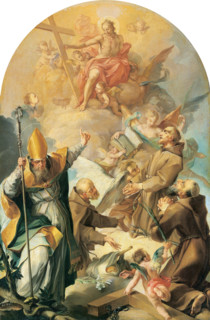 Three Capuchin Saints and a Bishop Worshipping Christ and the Cross, 1630. Creator: Giovanni Lanfranco?.