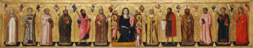 Madonna and Child Enthroned with Angels,Twelve Saints, Prophets, and the Donor, 1330. Creator: Meo da Siena.