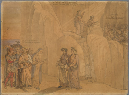 Dante, reaching a rock face, encounters Manfred, the former king of Apulia and Sicily..., 1827-1832. Creator: Johann Anton Ramboux.