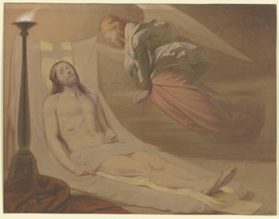 Christ in the tomb, above him hovering a mourning angel, 1851. Creator: Eduard von Steinle.