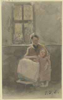A woman sitting by a window holds a child standing beside her, c1840s. Creator: Jakob Dielmann.