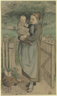 Farm girl standing by a wooden trellis with a child in her arms, c1860s. Creator: Hans Thoma.