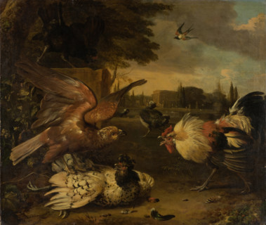 A Cock Defends a Hen from an Attacking Bird of Prey, c1680-1690. Creator: Melchior d'Hondecoeter.
