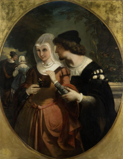 Faust and Mephisto with Gretchen and Frau Marthe in the garden, 1839. Creator: Auguste Barthelemy Glaize.