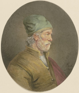 Old man with a white mustache, green cap, and yellow doublet, in profile, c17th century. Creator: Unknown.