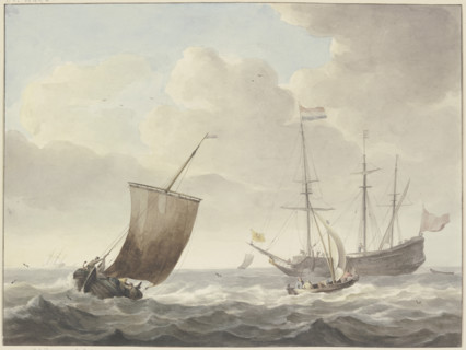 Running sea with ships, yellow flag with a golden lion. Creator: Martinus Schouman.