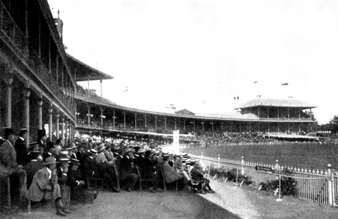 The English Cricket Team in Australia: members' pavilion and grand stand, Melbourne..., 1898. Creator: Harvie & Sutcliffe.
