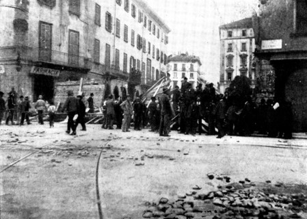 The Riots in Italy: street scenes in Milan - barricade at the corner of the Via Moscovia, 1898. Creator: Unknown.