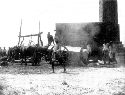 Scenes in Plague-Stricken Bombay: unloading van from plague hospital, Mahalakshmi..., 1898. Creator: Gysi.