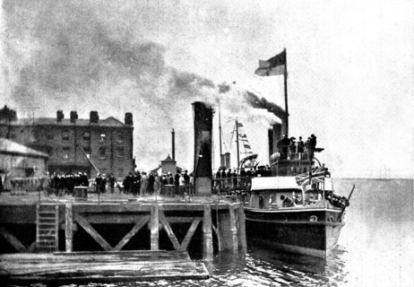 Lord Charles Beresford's party at Portsmouth: M.P.s...en route for Whale Island, 1898. Creator: Russell & Sons.