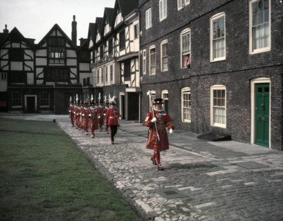 Yeomen Warders, Easter Sunday Parade led by the chief warder, Tower of London, 1954.   Creator: Arthur Charles Kirby Ware.