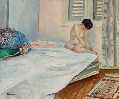 Nude sitting at the foot of the bed, Le Cannet, 1929. Creator: Lebasque, Henri (1865-1937).