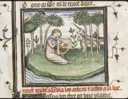 Orpheus enchants trees and animals with his harp playing, 1380s. Creator: Maître du Policratique de Charles V (active 1366-1403).