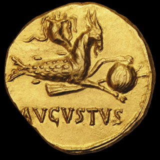 Aureus of Emperor Augustus. Reverse: Capricorn Holding a Globe, c18-17 BC. Creator: Numismatic, Ancient Coins .