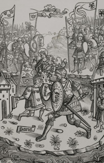 King Arthur fighting the giant, under the protection of the Virgin. 1514, (1877). Creator: Unknown.