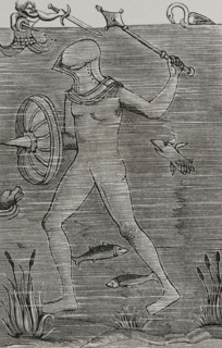 Man-at-arms: Diver using an armoured sealed diving suit to breathe, 1532, (1877).  Creator: Unknown.
