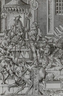Medieval torture scene: The Estrapade, or Question Extraordinary, 1541, (1878).  Creator: Unknown.