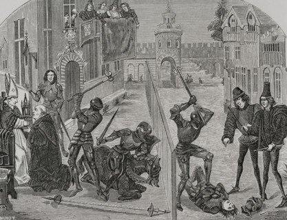 The Abbot of Saint-Denis, kneeling before the Bishop of Paris...15th century (1877).  Creator: Unknown.