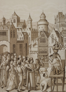 Decapitation of Guillaume de Pommiers and his confessor, John Coulon, Bordeaux, 1377..., 1878.  Creator: Unknown.