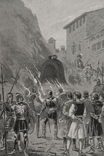 Insurgents forced to drink the molten liquid of the bells as a punishment, 1348, (1890).  Creator: Joan Serra y Pausas.