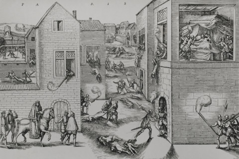 Assassination attempt of Gaspar de Coligny, (1519-1572) by means of an attack on 22 Aug 1572 (1877). Creator: Unknown.