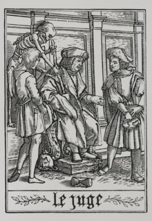 The Judge is visited by Death from "The Dance of Death", 1538, (1877). Creator: Unknown.
