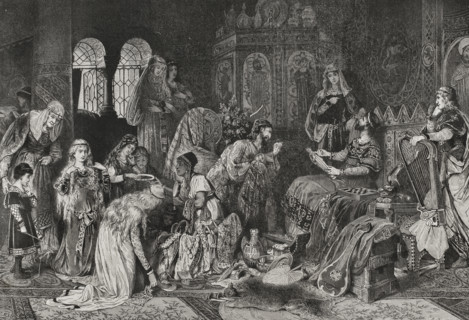 Jewish merchant showing his jewellery to the Prince of Thuringia at Wartburg Castle, 1878. Creator: Unknown.