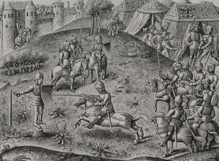 Exercise of quintain, mid 15th century, (1877). Creator: Unknown.