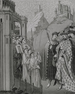 The clergy solemnly come with the cross and holy images before a lord at the door of a..., 1877.  Creators: Jules Jean Marie Joseph Huyot, J Petot.