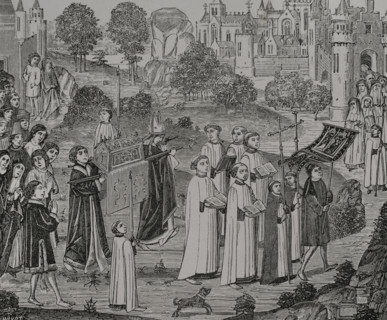 Count Renier bearing the body of Saint Veronica to Saint Waltrude Collegiate...1446-48 (1877).  Creator: Jules Jean Marie Joseph Huyot.