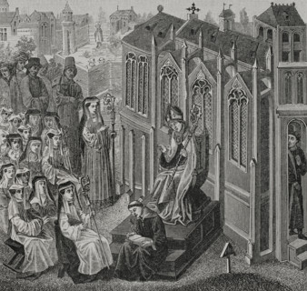 Canonesses gathered in Nivelles, where Walcaud, bishop of Liège, (810-832)...late 14th cent (1877).  Creator: Unknown.