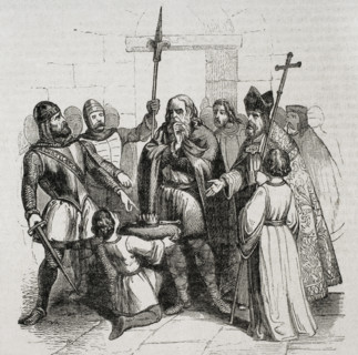 Coronation of King Wamba in Toledo, who was anointed by Bishop Quiricus on 20 September 672 (1852).  Creators: José Vallejo, Capuz.