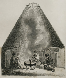 Inside view of a Kalmyk yurt, called gher, Russia, 1839.  Creator: Emile Louis Vernier.